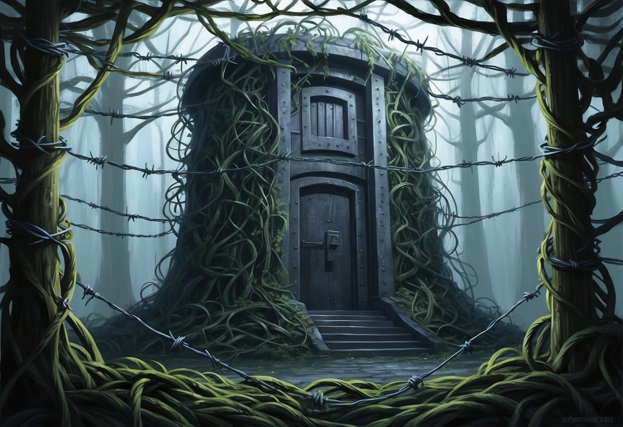 A tangled web of twisted vines and barbed wire surrounds a towering, inaccessible vault, shrouded in shadows