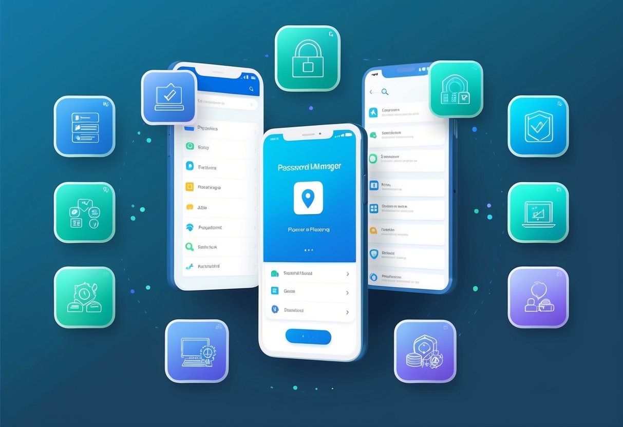 A digital device with a password manager app open, surrounded by 10 digital icons representing different aspects of digital estate planning