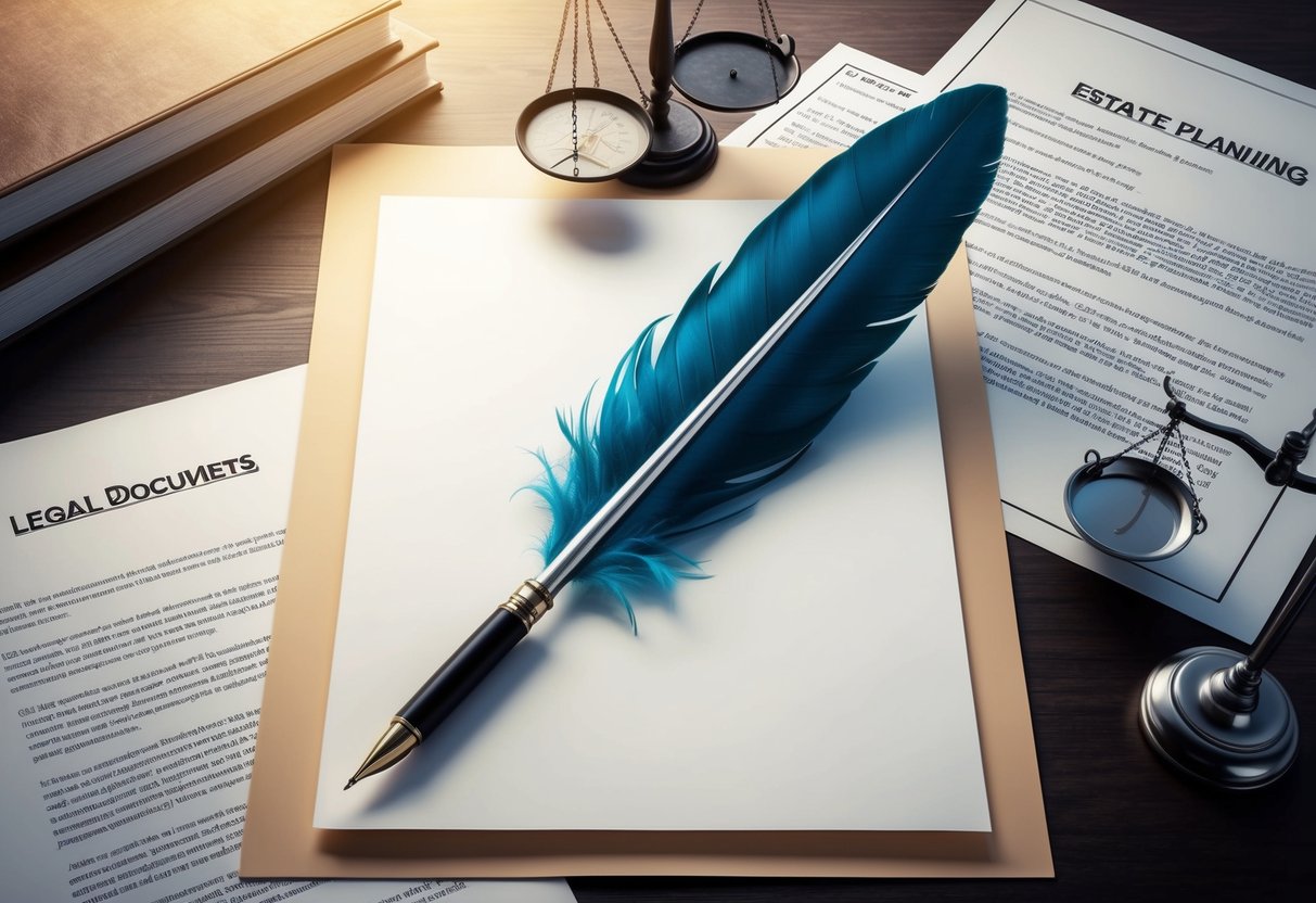A quill pen poised over a blank sheet of paper, surrounded by legal documents and a scale representing the myths and misconceptions of estate planning
