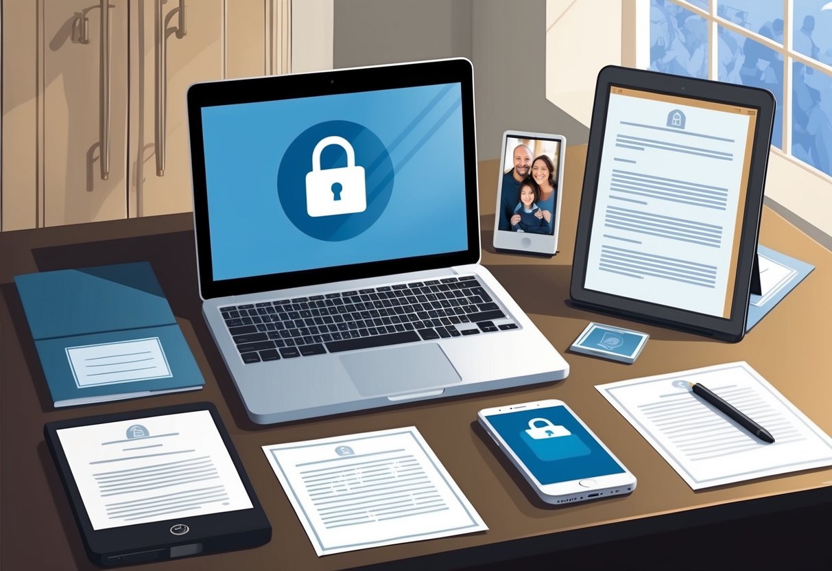 A laptop, tablet, and smartphone arranged on a desk, surrounded by legal documents and a family photo. A digital lock icon is displayed on the screen