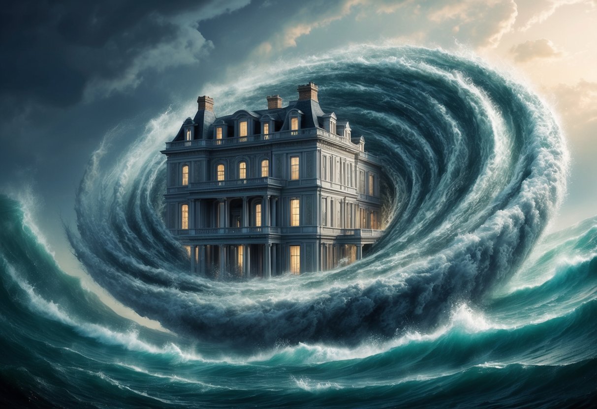 A large, imposing estate being consumed by a swirling vortex, symbolizing the myth of estate taxes taking everything