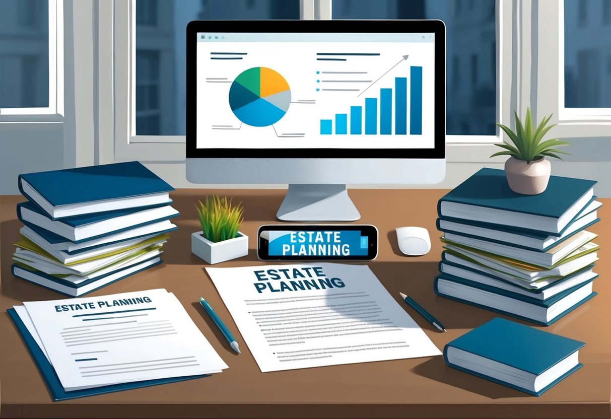 A desk with a computer, legal documents, and a digital device, surrounded by a stack of books on estate planning