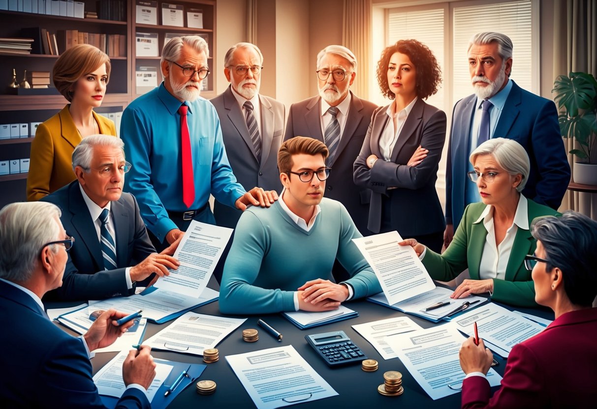 A group of people of varying ages surrounded by legal documents and financial assets, with a young person confidently dismissing the need for estate planning