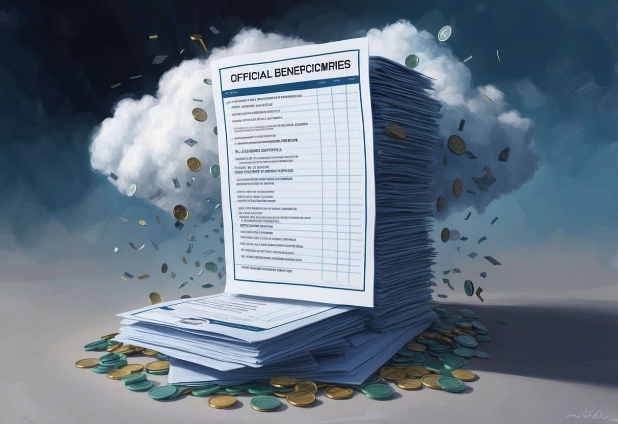 A stack of official documents with various account beneficiaries listed, surrounded by a cloud of myths and misconceptions