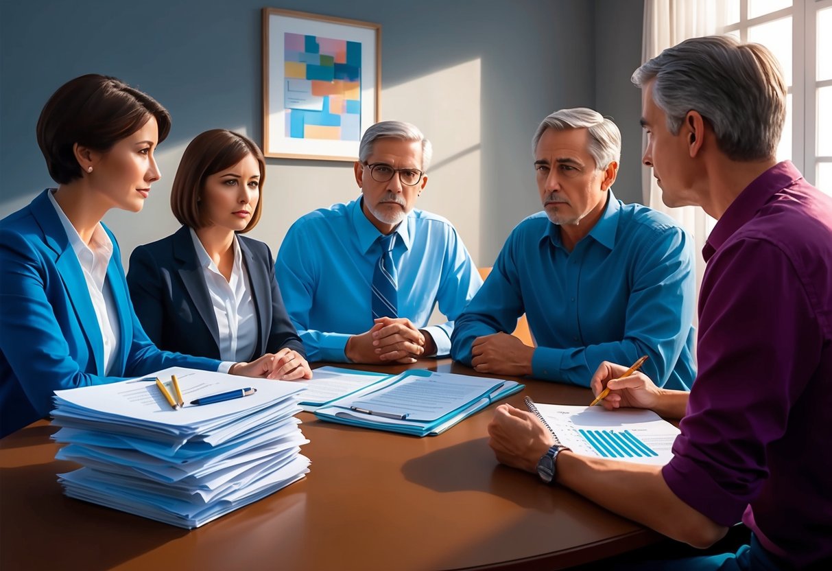 A family sitting around a table, engaged in a serious yet respectful conversation. A stack of legal documents and a notebook with bullet points are visible on the table