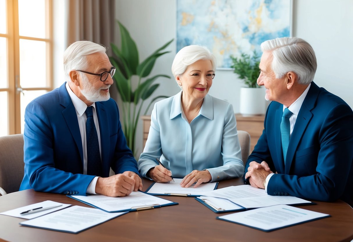 An elderly couple sitting at a table with legal documents, discussing their estate plans with a lawyer