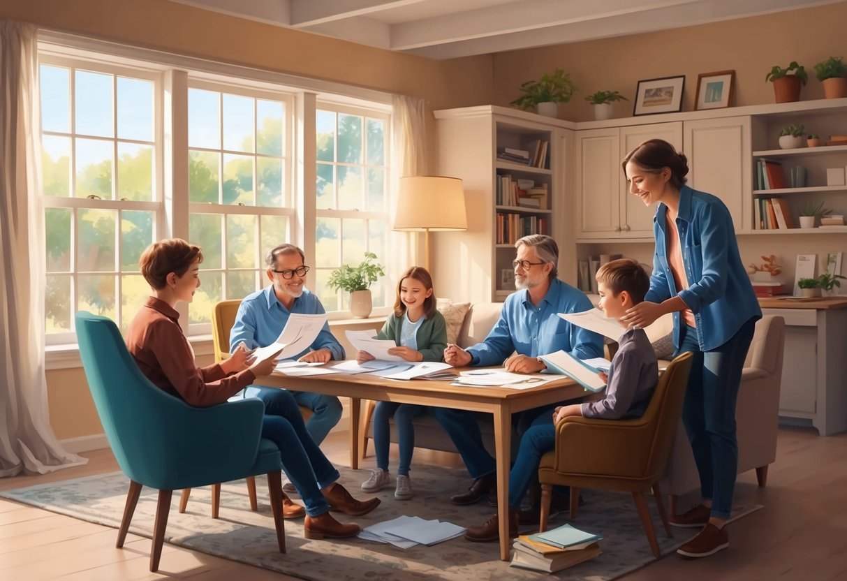 A cozy living room with a family gathered around a table, discussing papers and documents. A warm, open atmosphere with plenty of natural light streaming in through the windows