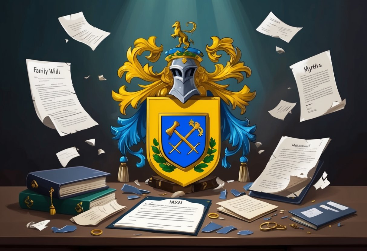 A family crest with a will and legal documents, surrounded by broken myths and misconceptions
