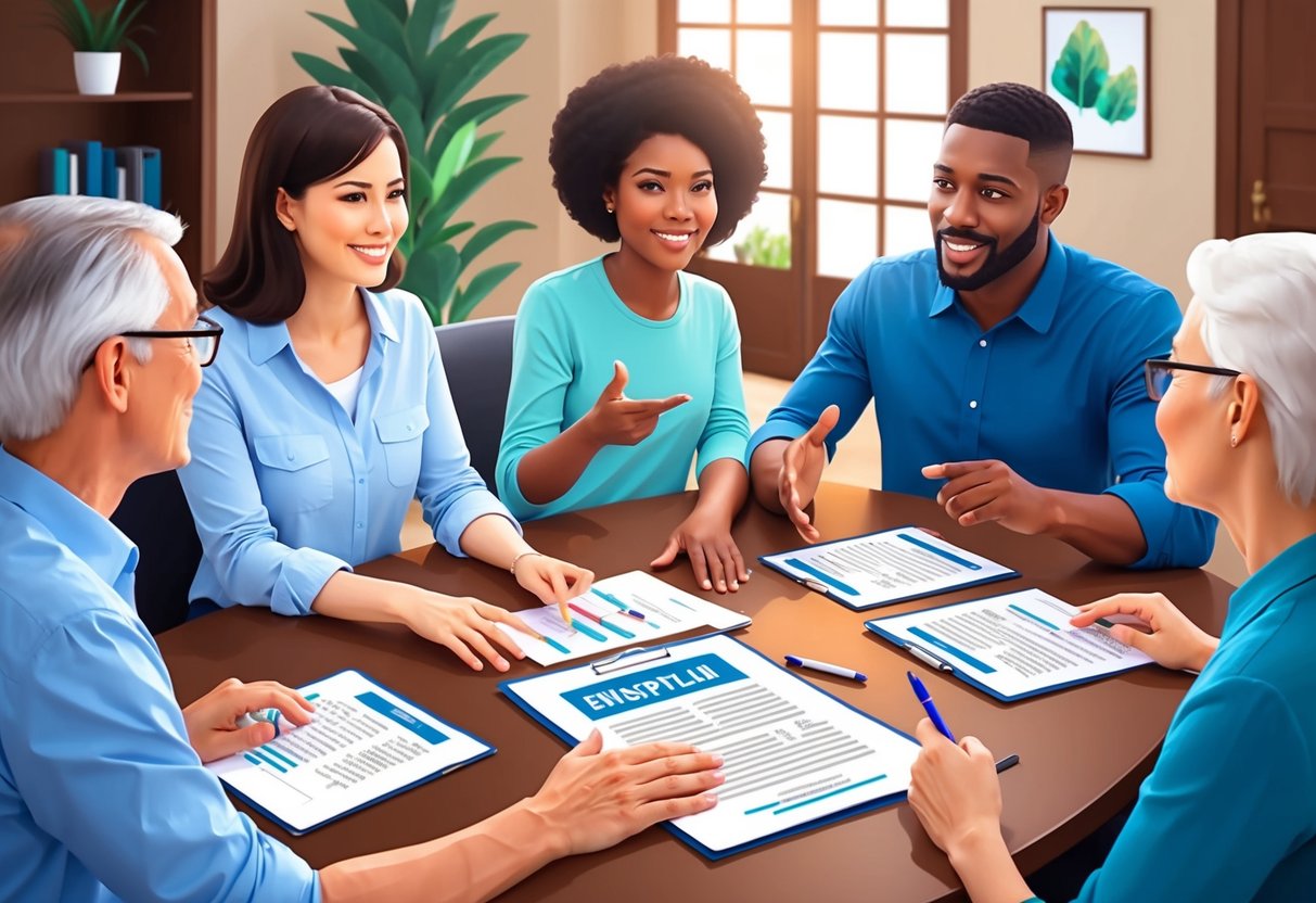 A family sitting around a table, engaged in conversation, with a document and pen in the center. They are gesturing and discussing their wishes and goals for their estate plan