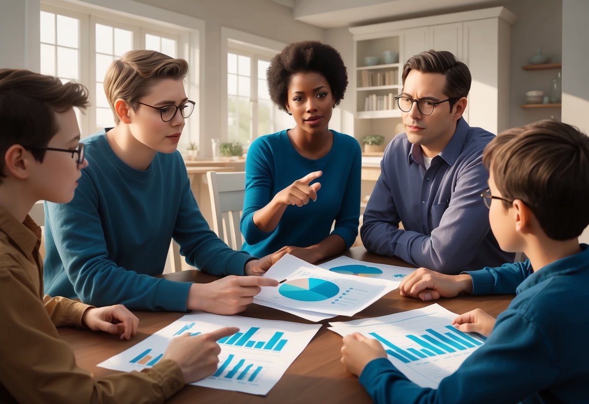 A family gathered around a table, discussing papers and charts. A person gestures and explains while others listen attentively. A sense of collaboration and understanding is evident