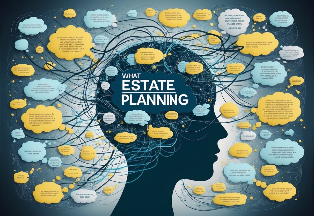 A cluttered mind with various misconceptions about estate planning, represented through tangled and overlapping thought bubbles