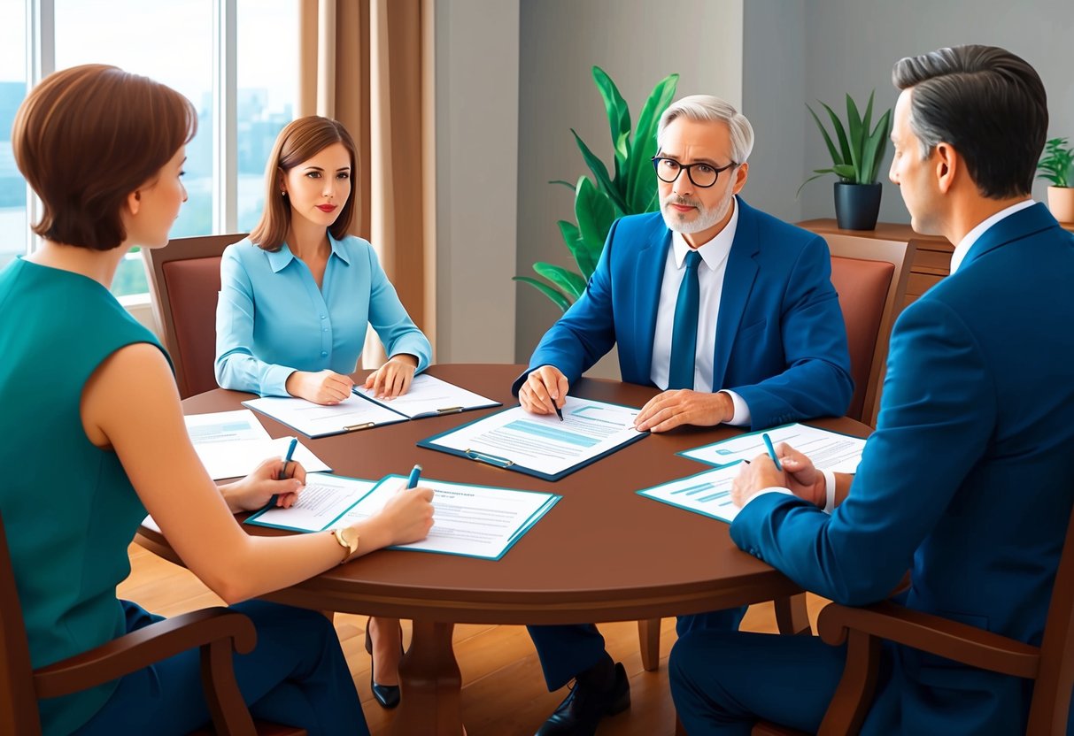 A family sitting around a table, discussing estate planning documents with a lawyer. The lawyer is explaining the concept of Power of Attorney while the family members listen attentively