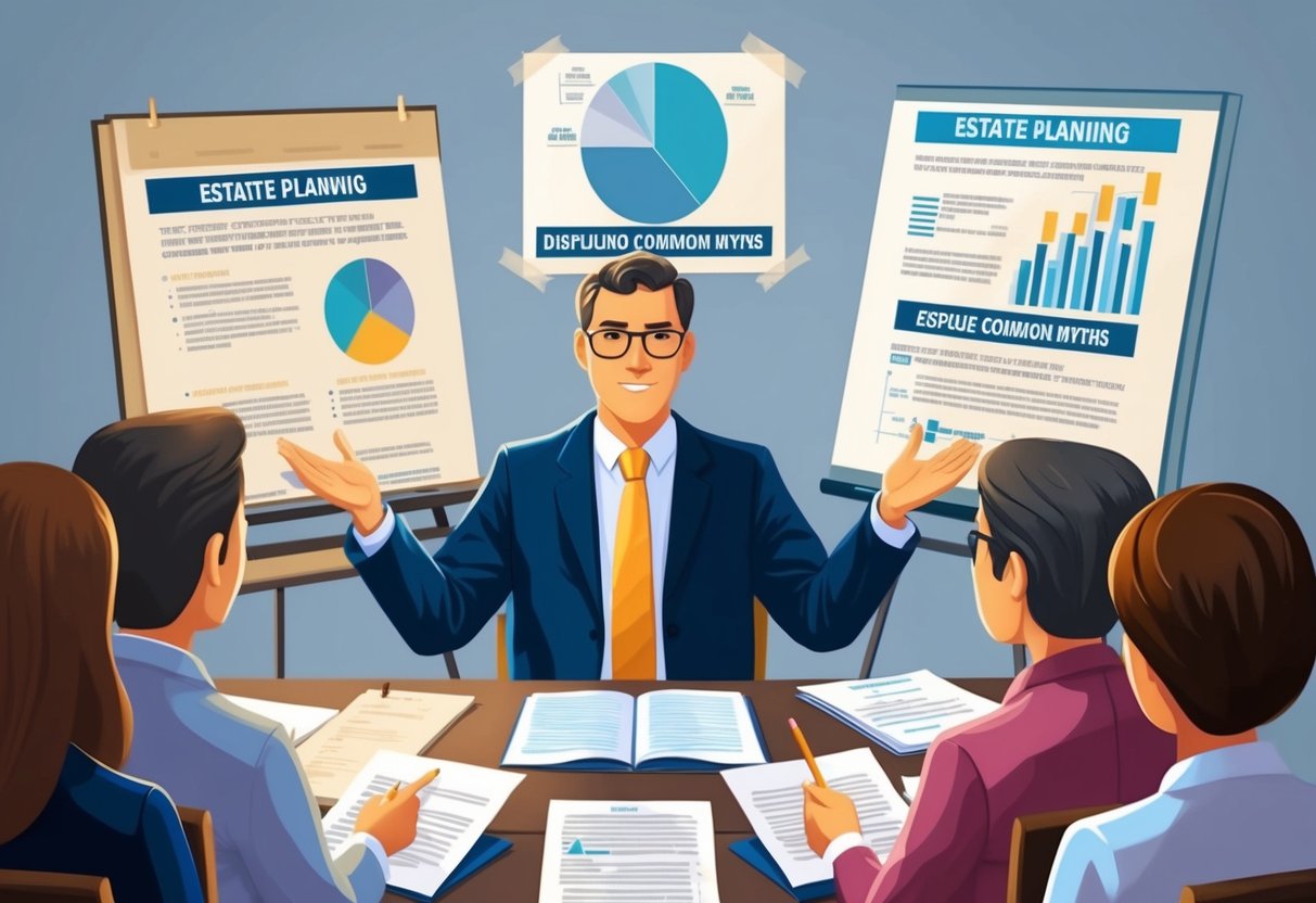 A lawyer presenting a seminar on estate planning, surrounded by documents and charts, dispelling common myths