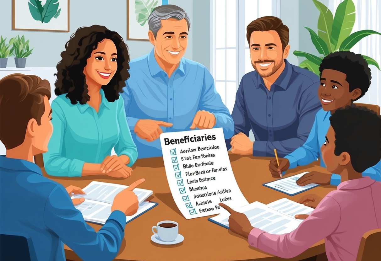 A family gathered around a table, with one member pointing to a clear and organized list of beneficiaries and estate plan tips