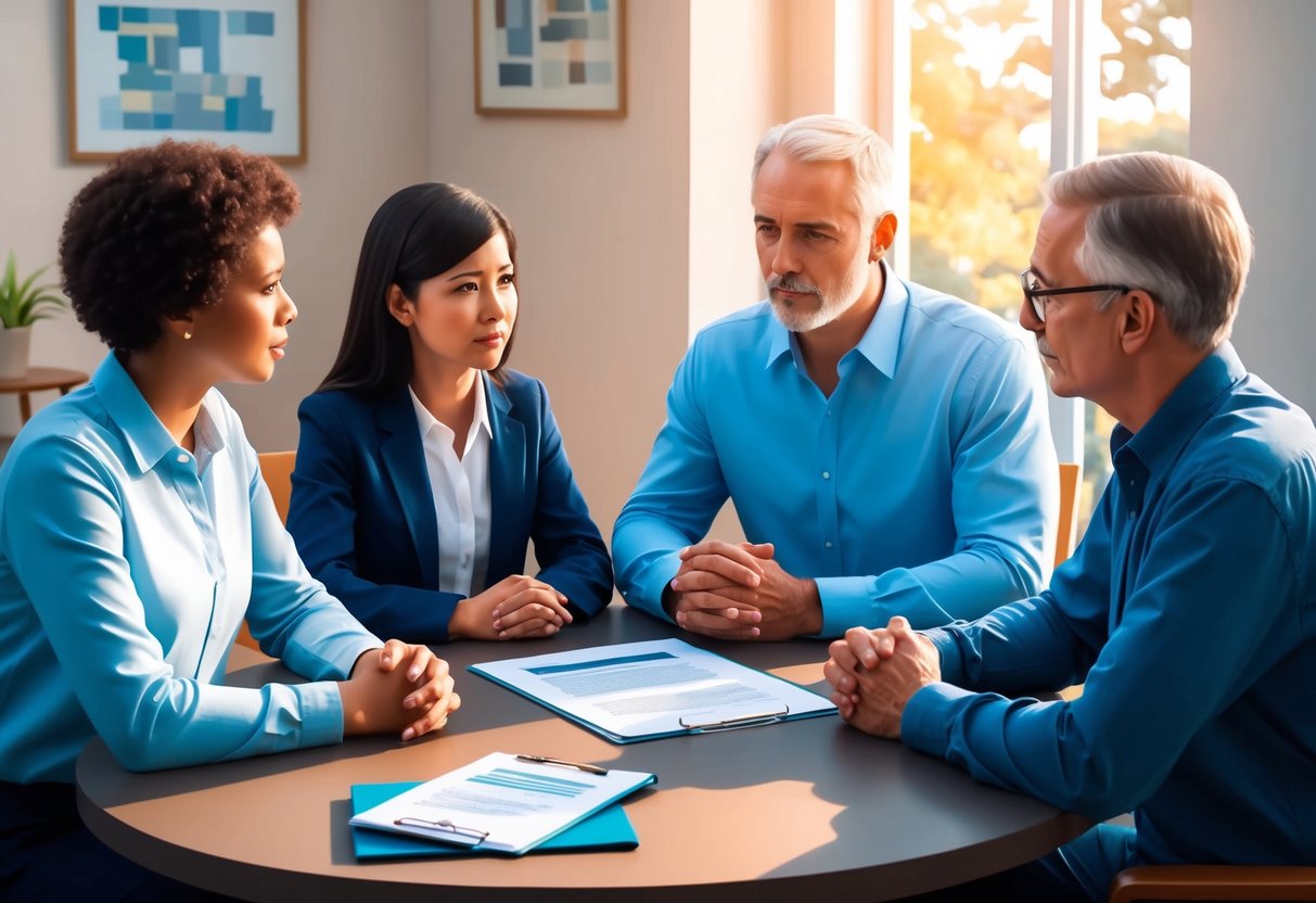 A family sitting around a table, engaged in a serious yet respectful conversation. A document or folder related to estate planning is visible on the table