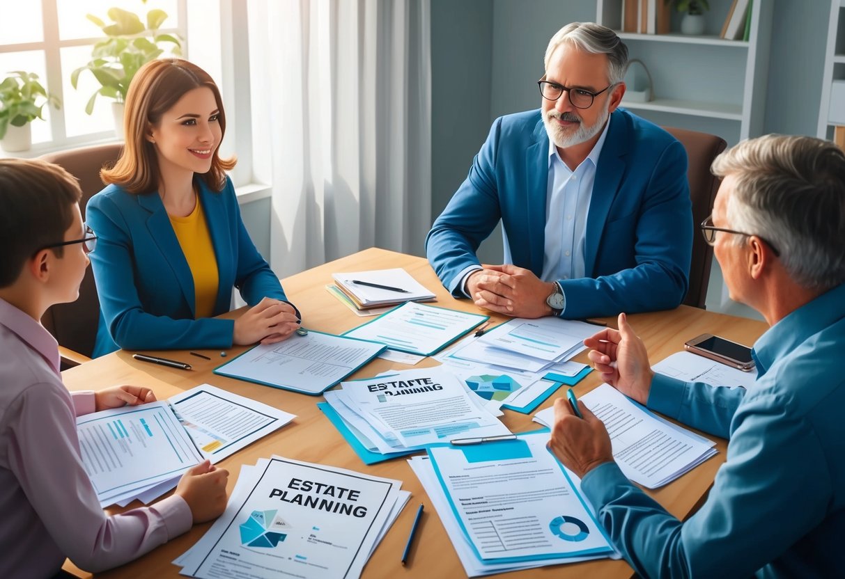 A family sitting around a table, engaged in conversation. Papers and documents related to estate planning are spread out in front of them