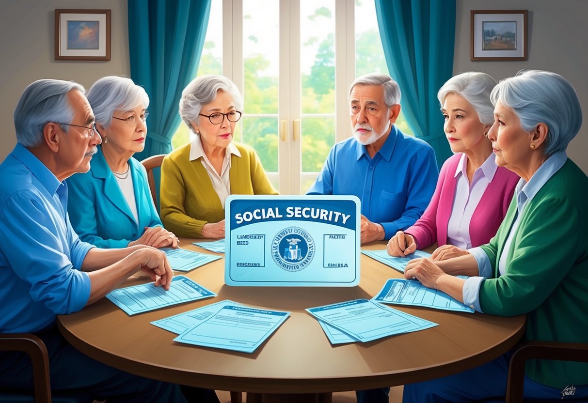 A group of elderly individuals sitting around a table, discussing financial documents and looking concerned. A large Social Security card is prominently displayed in the center of the table