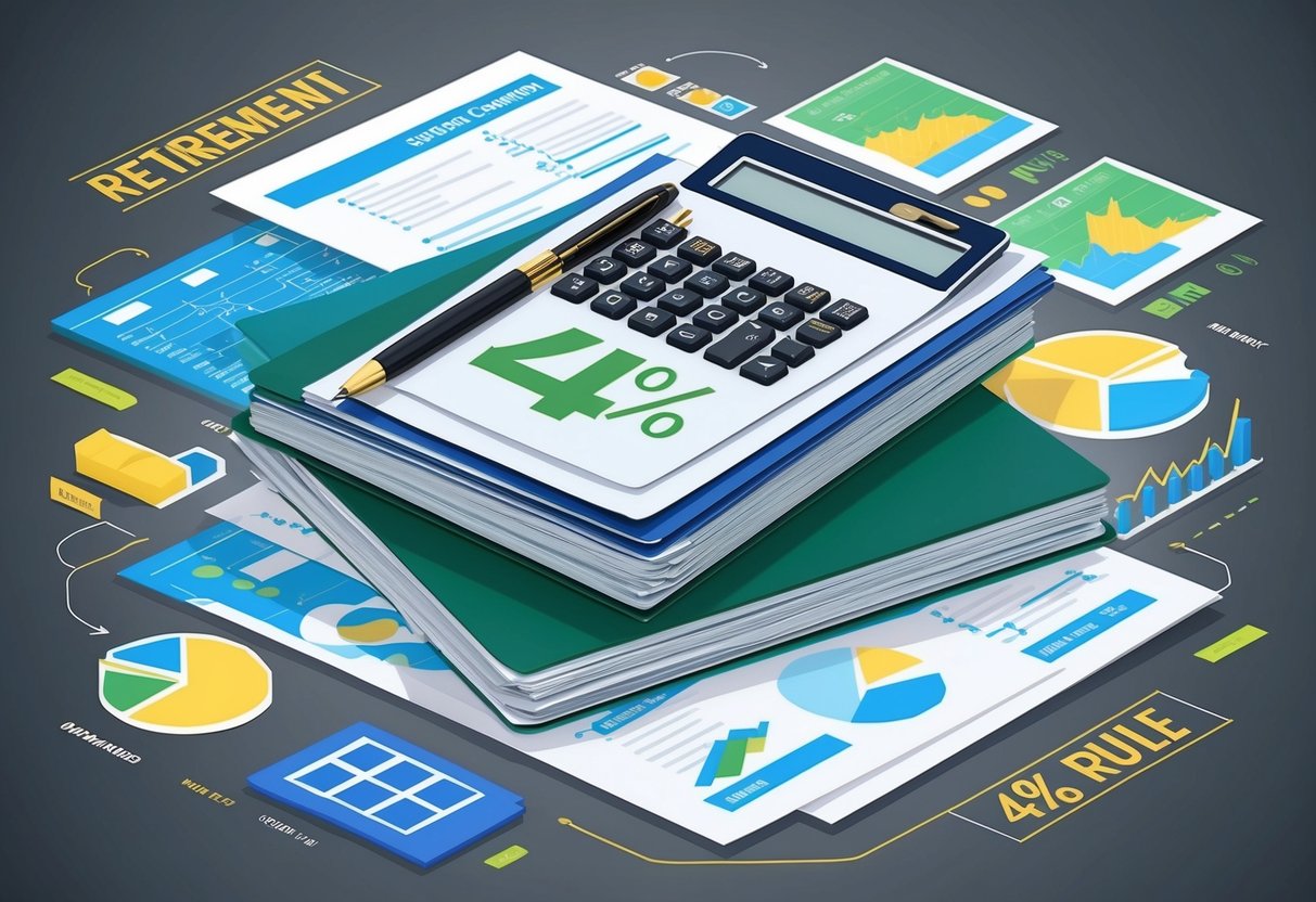 A stack of financial documents with a calculator and pen, surrounded by charts and graphs, symbolizing retirement planning and the 4% rule