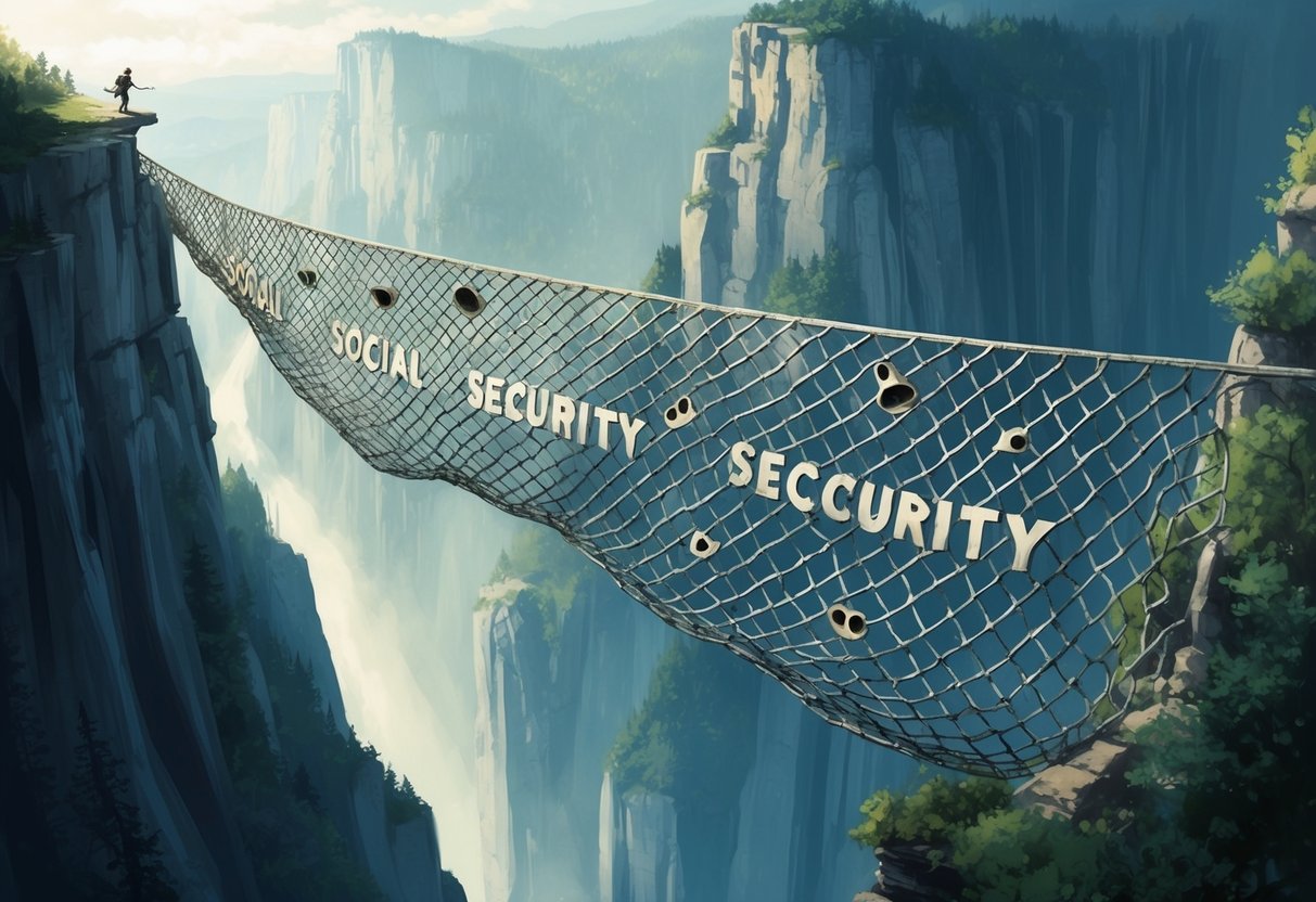 A shaky tightrope stretched over a deep chasm, with a safety net labeled "Social Security" full of holes