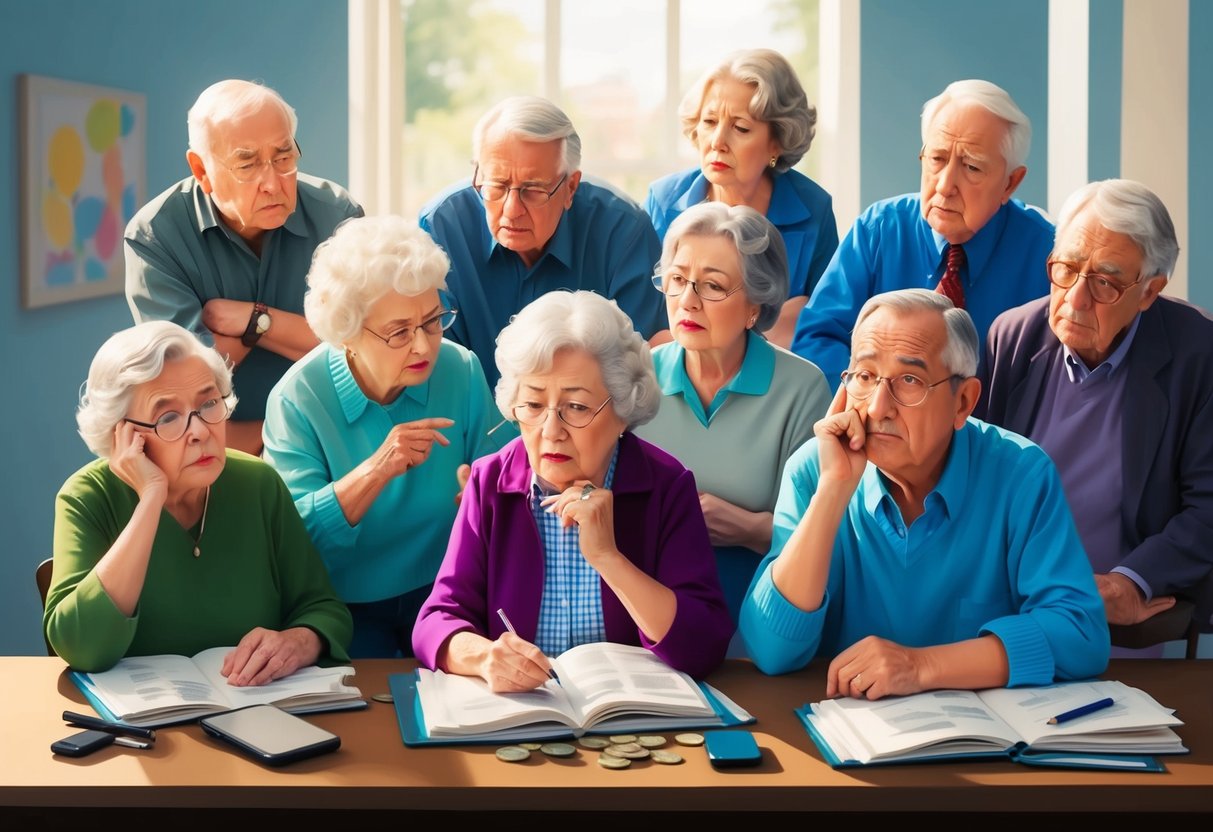 A group of older Americans looks confused as they try to navigate the complexities of 401(k) plans, while traditional pension plans sit neglected in the background