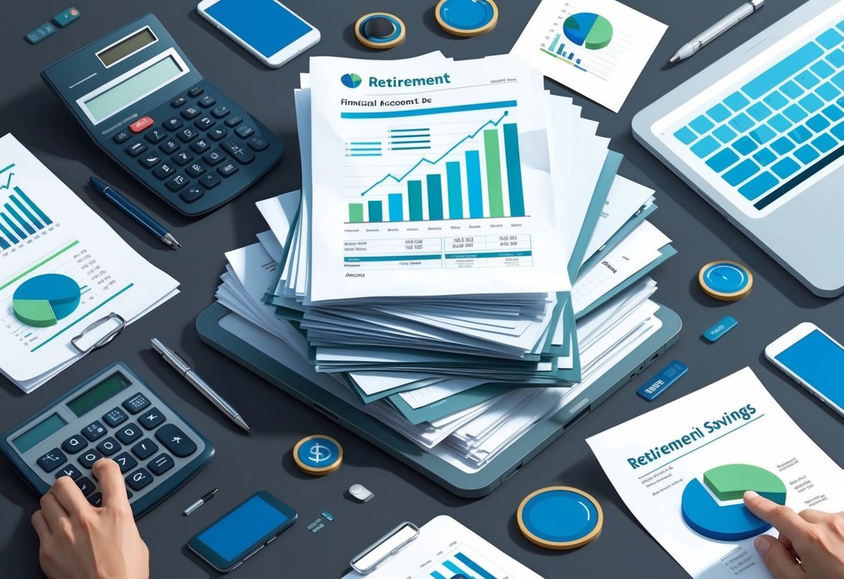 A pile of financial documents and charts, with a calculator and a retirement savings account statement, surrounded by modern technology and devices