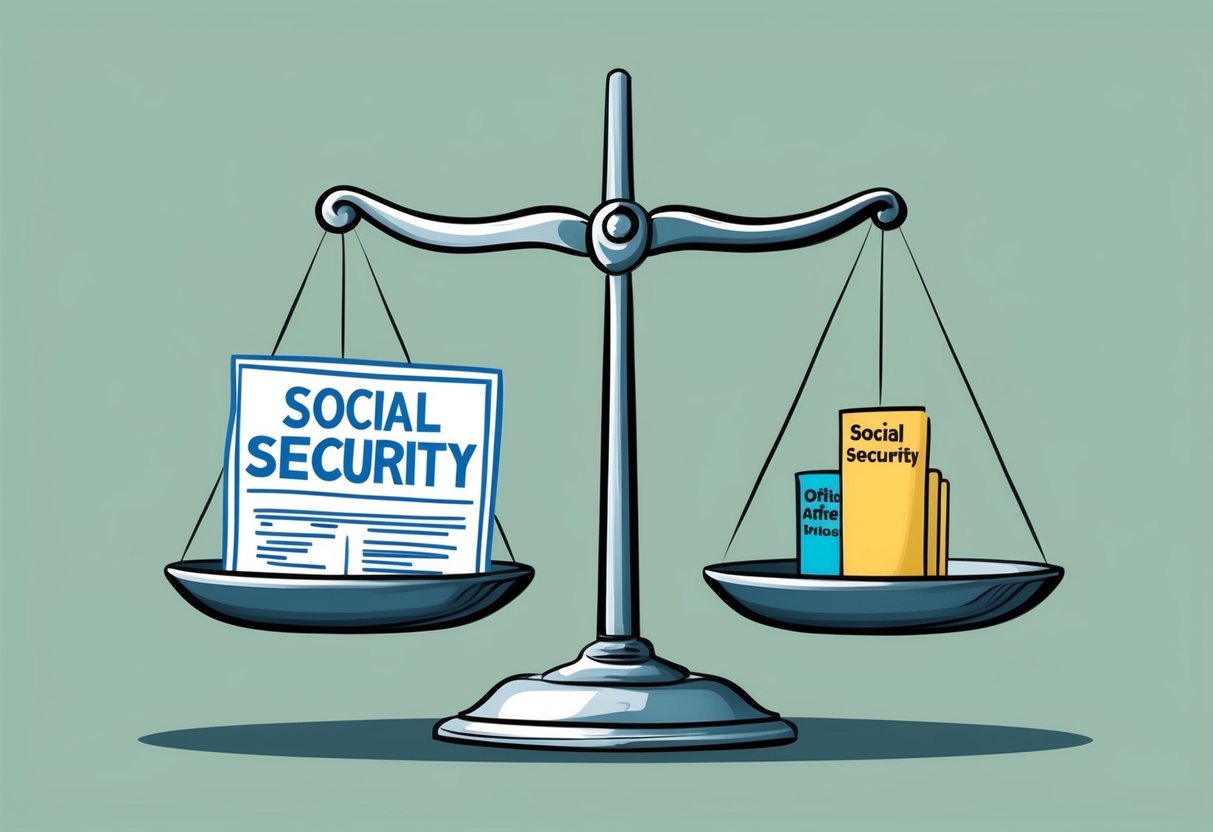 A scale with Social Security on one side and other retirement income sources on the other, with Social Security outweighed