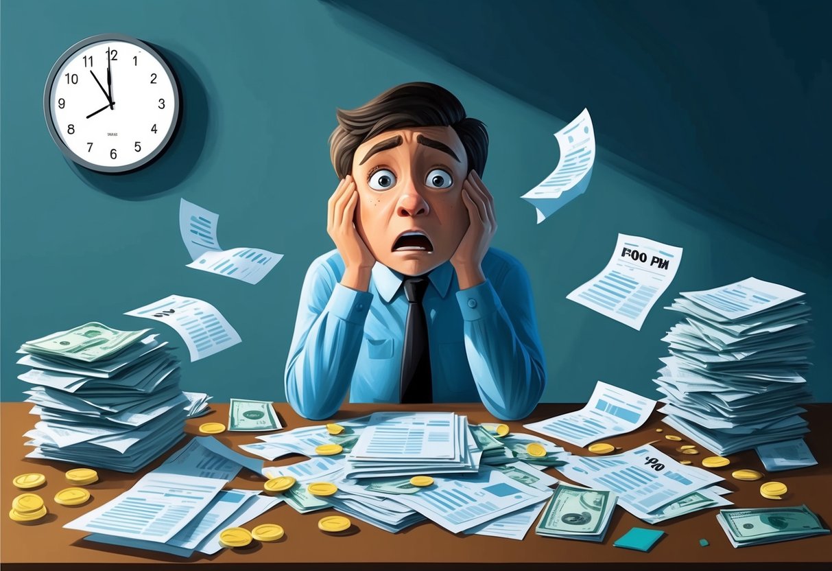 A cluttered desk with scattered financial documents and a confused expression on a person's face. A clock on the wall shows the time as 9:00 PM