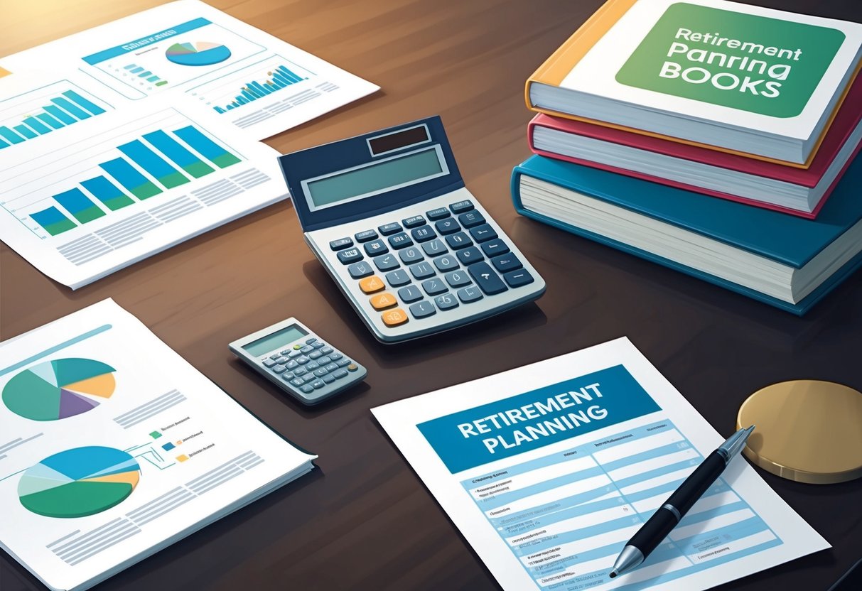 A table with financial documents and charts, a calculator, and a stack of retirement planning books on a desk