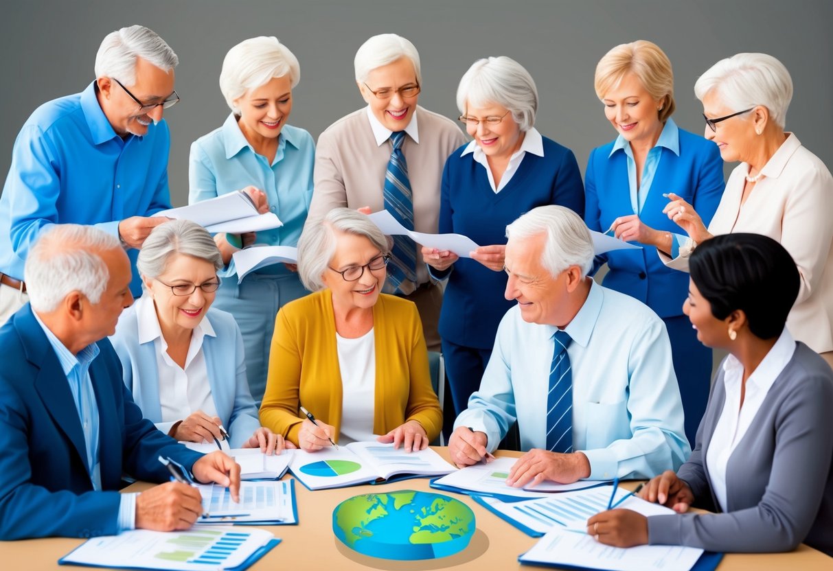 A diverse group of elderly individuals engage in various financial planning activities, such as reviewing investment portfolios and discussing retirement savings options