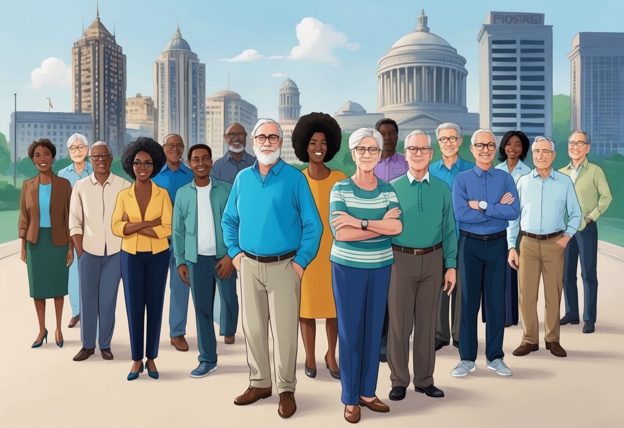 A group of diverse individuals over 40 are left behind while traditional retirement advice and governmental interventions stand tall in the background
