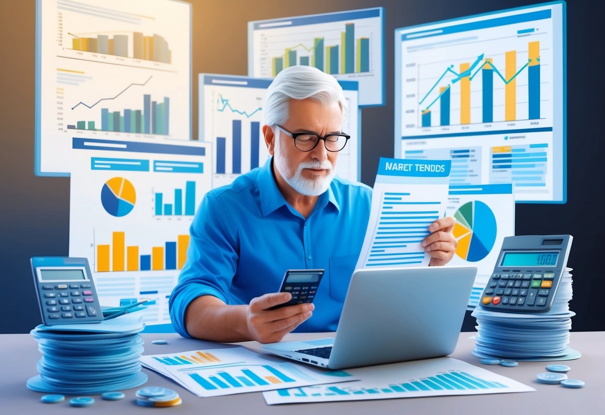 A modern retiree reviewing financial documents with a calculator and laptop, surrounded by charts and graphs depicting market trends and investment options