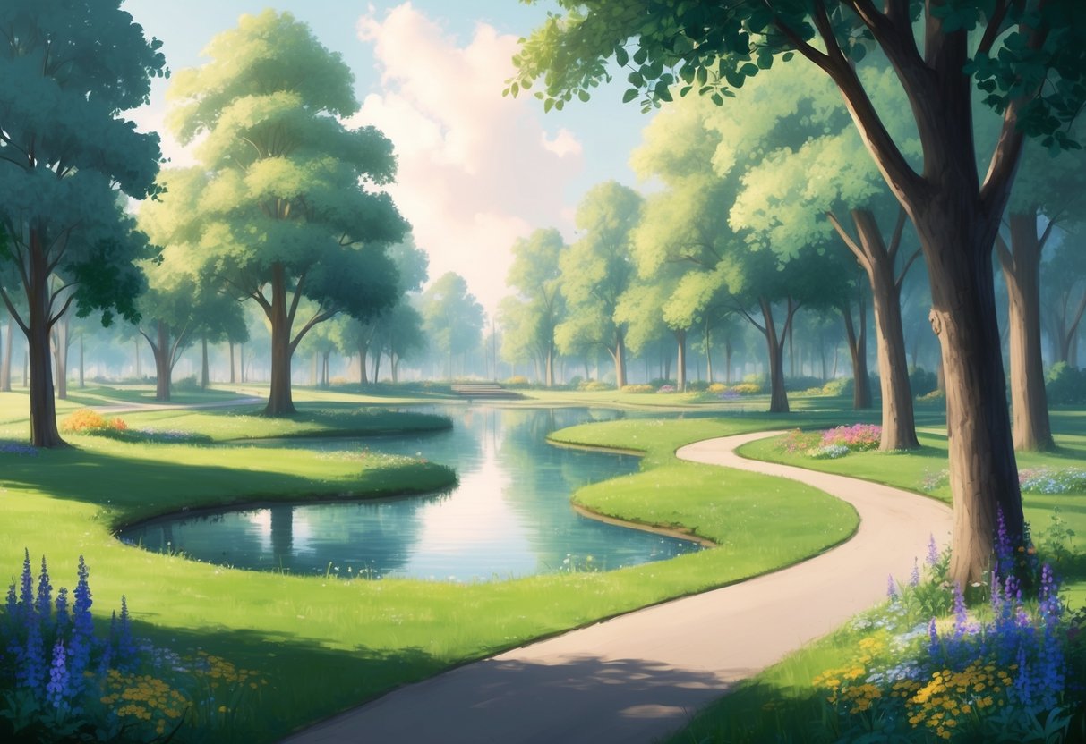 A serene park with a winding path leading to a peaceful pond, surrounded by tall trees and colorful flowers, with a sense of tranquility and security