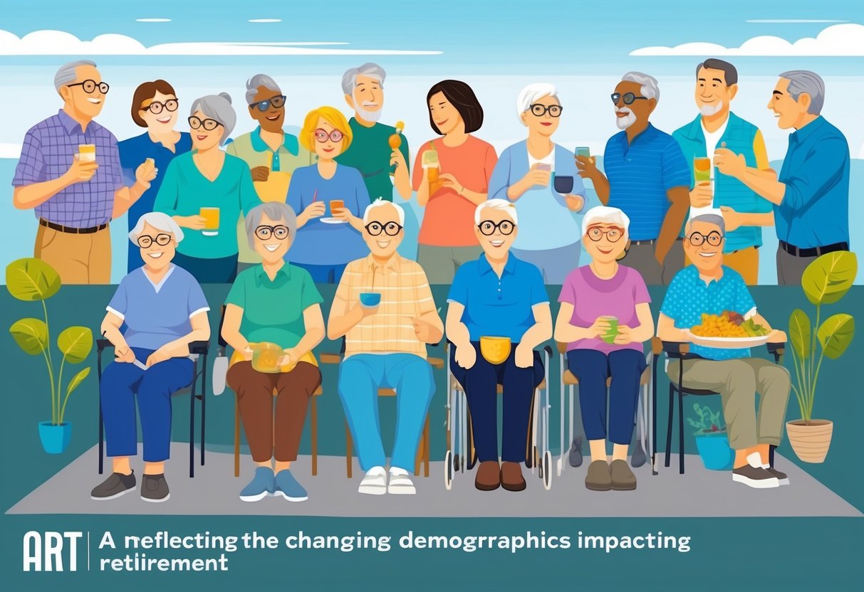A diverse group of people over 40 engage in various activities, reflecting the changing demographics impacting retirement