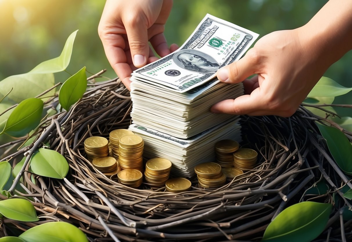 A stack of coins and dollar bills being carefully placed inside a nest made of twigs and leaves, symbolizing the concept of building a retirement nest egg