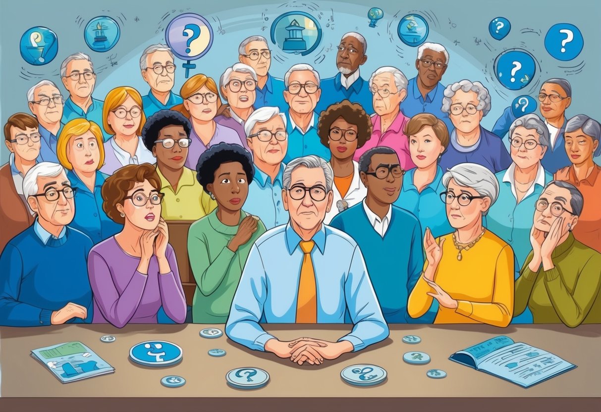 A diverse group of people over 40 are shown with puzzled expressions, surrounded by outdated retirement symbols. Newer, more inclusive strategies are depicted in the background
