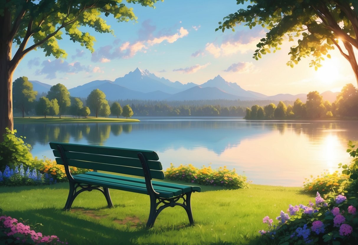 A serene, sunlit park bench with a view of a calm lake and a distant mountain range, surrounded by lush greenery and colorful flowers