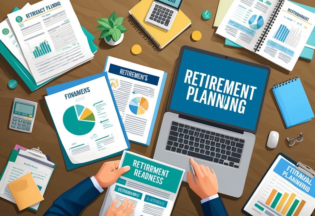 An office desk cluttered with financial documents and retirement planning books, with a laptop open to an article about retirement readiness