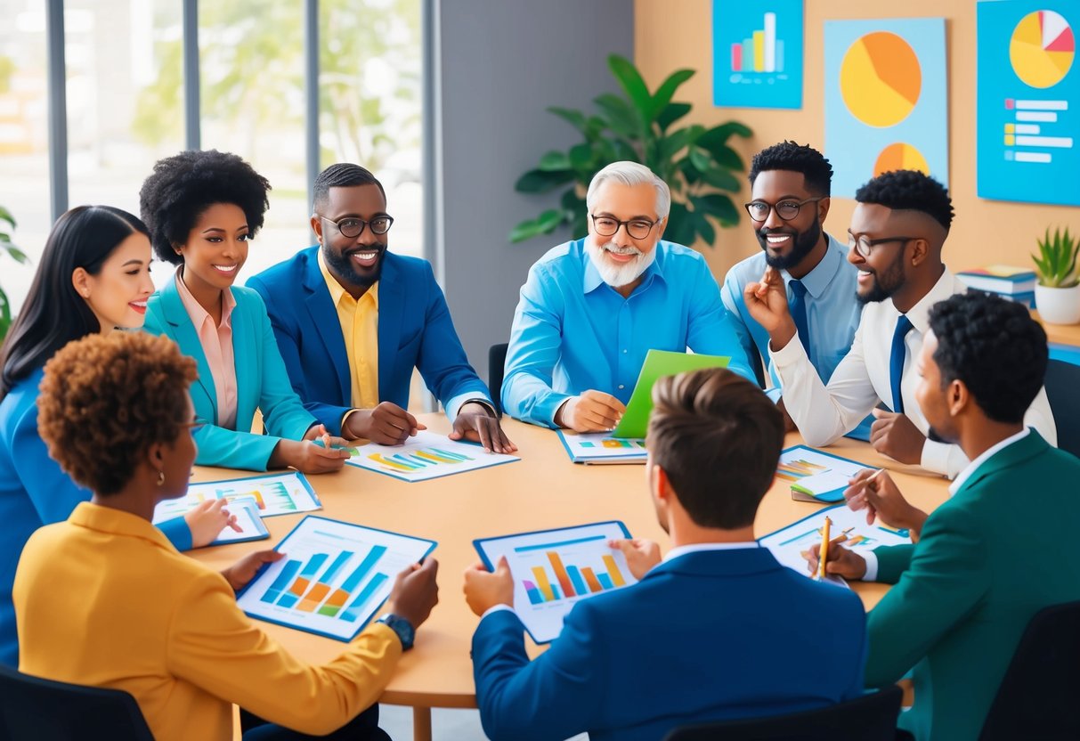 A group of diverse individuals over 40 are gathered around a table, engaged in lively discussion while looking at charts and graphs