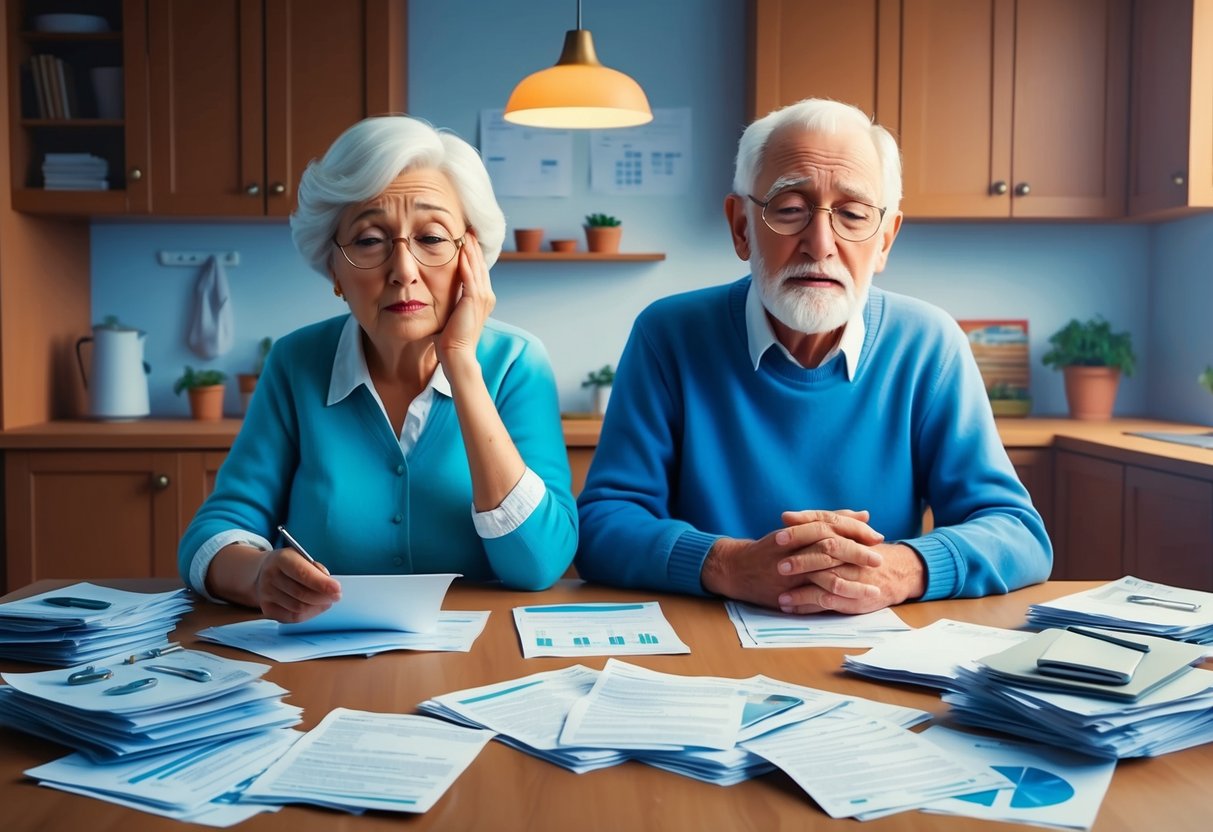 A serene, elderly couple sits at a kitchen table, surrounded by bills and financial documents. The worried expressions on their faces convey the stress of retiring on a fixed income