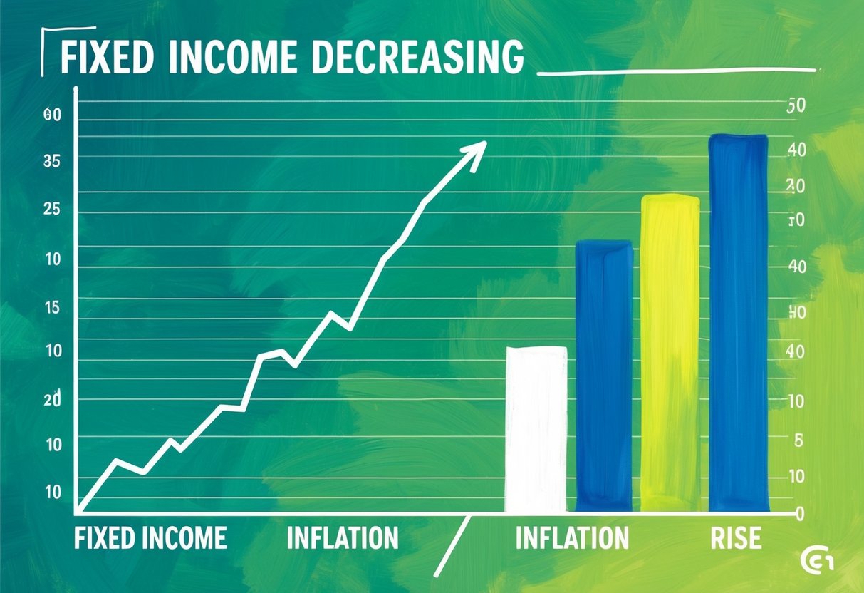 A graph showing a line representing fixed income decreasing while a bar chart illustrating inflation rising