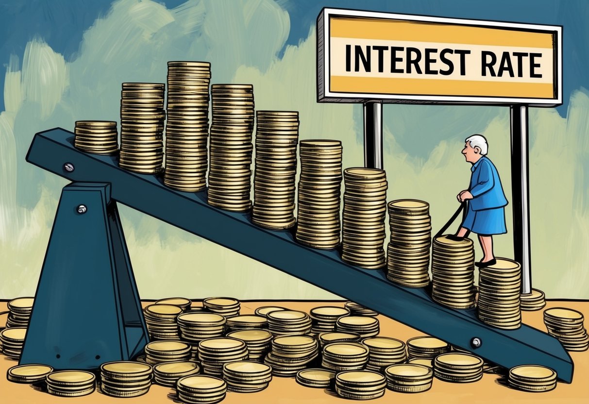 A stack of coins teetering on a seesaw, with a large interest rate sign on one side and a small retiree figure on the other