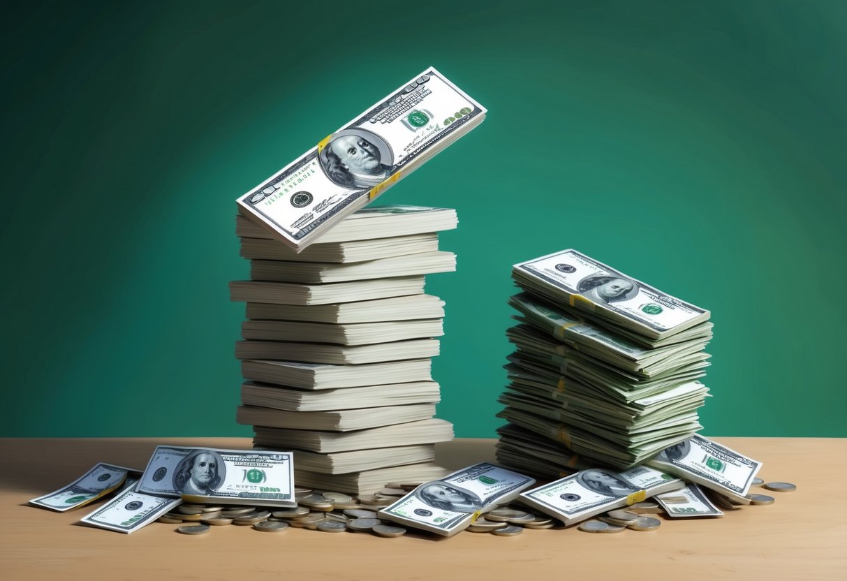 A stack of money shrinking in size next to a growing pile of bills and expenses, symbolizing the impact of inflation on retirement savings