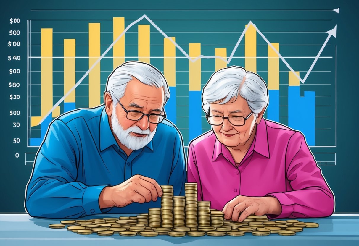 A senior couple looking at a dwindling stack of coins, while a graph showing investment fluctuations looms in the background