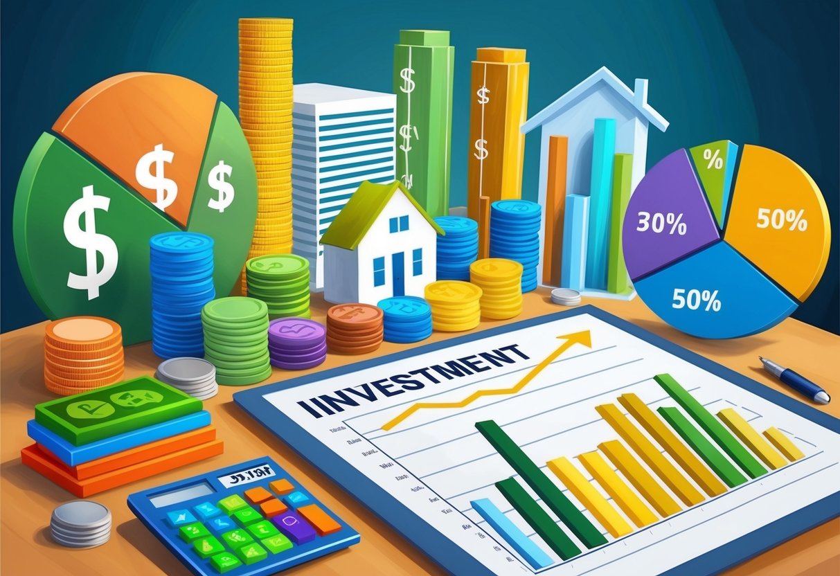 A diverse array of investment options, such as stocks, bonds, and real estate, are displayed on a table, while a graph shows the potential risks of retiring on a fixed income
