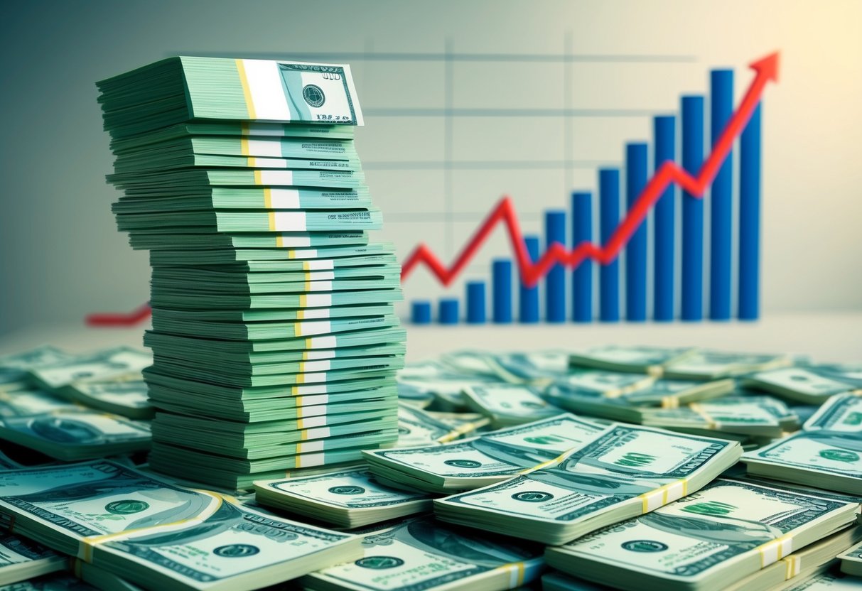 A stack of money shrinking in size as a rising graph representing inflation looms in the background