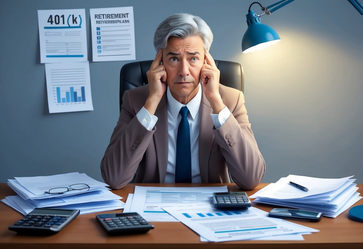 A person sitting at a desk, surrounded by paperwork and calculators, with a concerned expression on their face as they review their 401(k) retirement plan