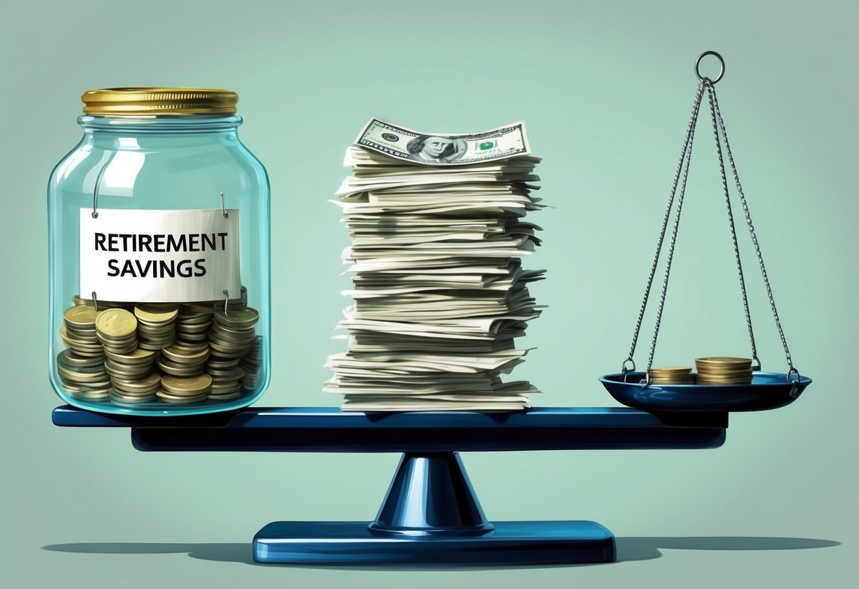 A stack of bills and coins on a scale, with the retirement savings jar on one side and various expenses on the other