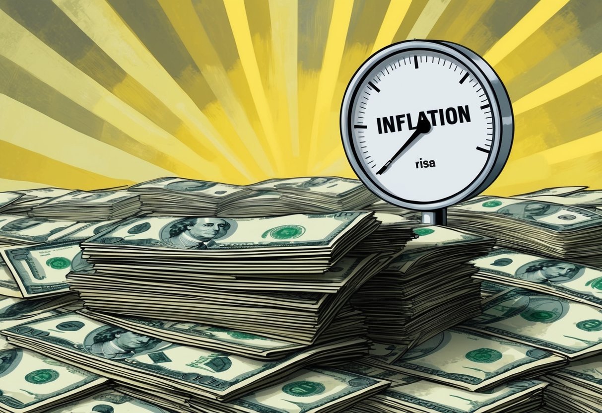 A stack of money gradually shrinking in size as a gauge labeled "Inflation" rises in the background