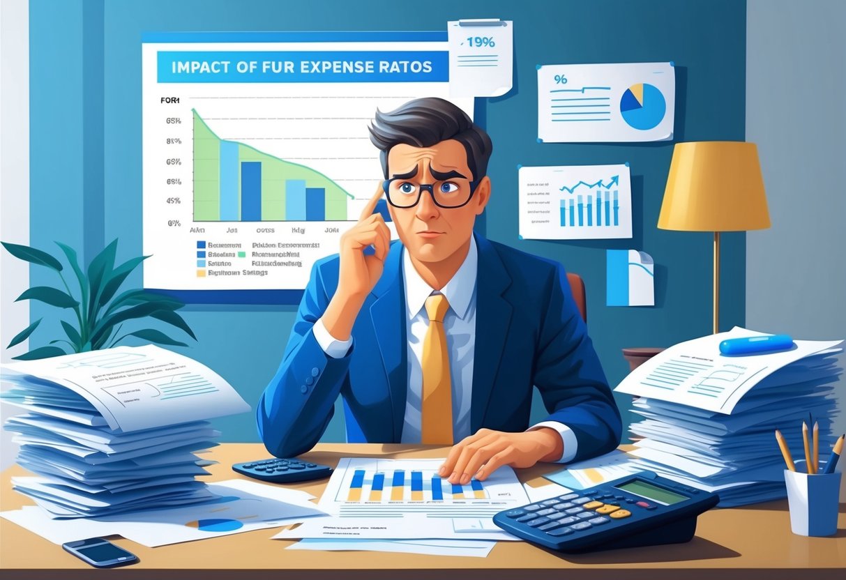 A person sitting at a desk, surrounded by paperwork and calculator, with a concerned expression while looking at a graph showing the impact of expense ratios on retirement savings