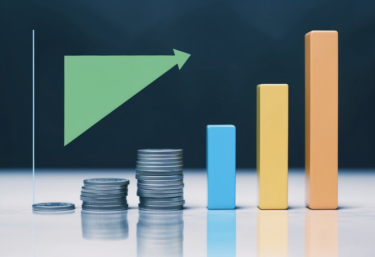 A stack of coins shrinking in size next to a growing bar graph, symbolizing the impact of inflation on retirement savings